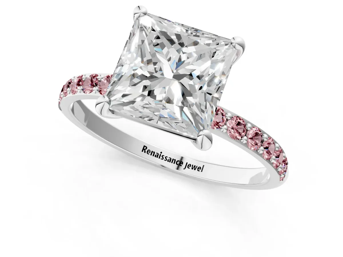 Princess Cut Diamond Solitaire Ring with Round Morganite Pavé Band and Prong Setting Silver