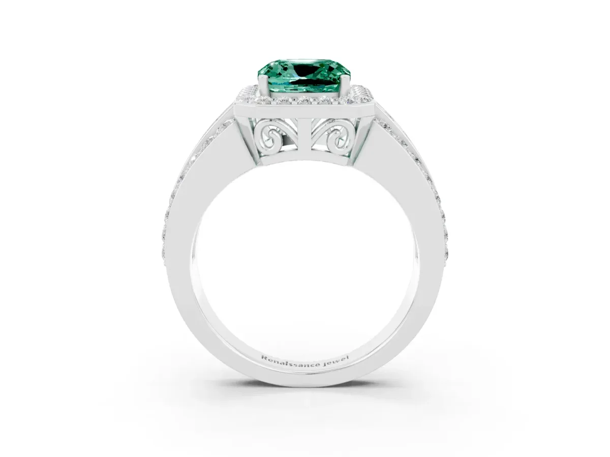 Cushion Cut Halo Green Sapphire Ring with Round Split Shank and Prong Setting Silver