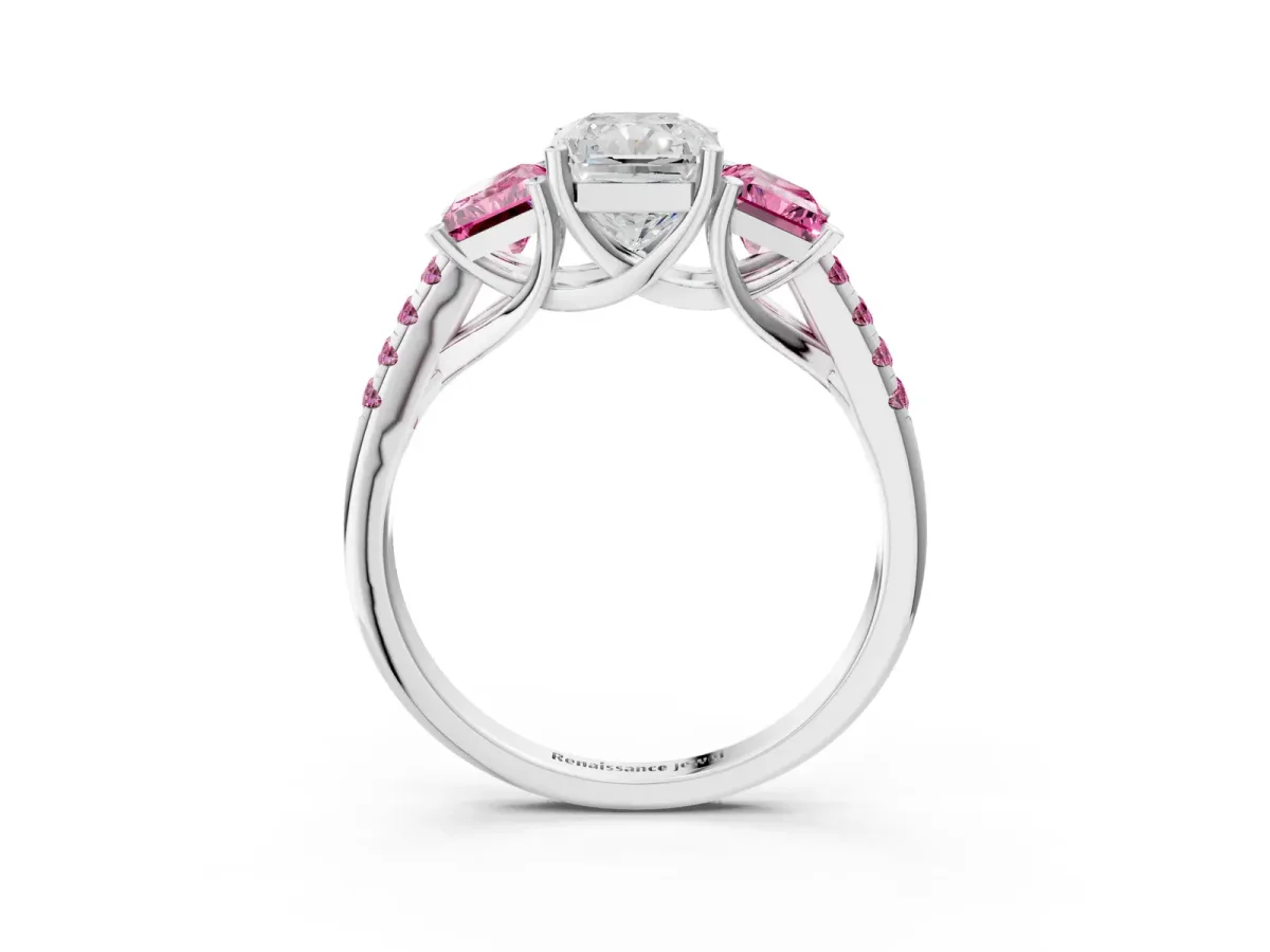 Three-Stone Radiant Cut Diamond Ring with Round Pink Sapphire Pavé Band and Prong Setting Silver