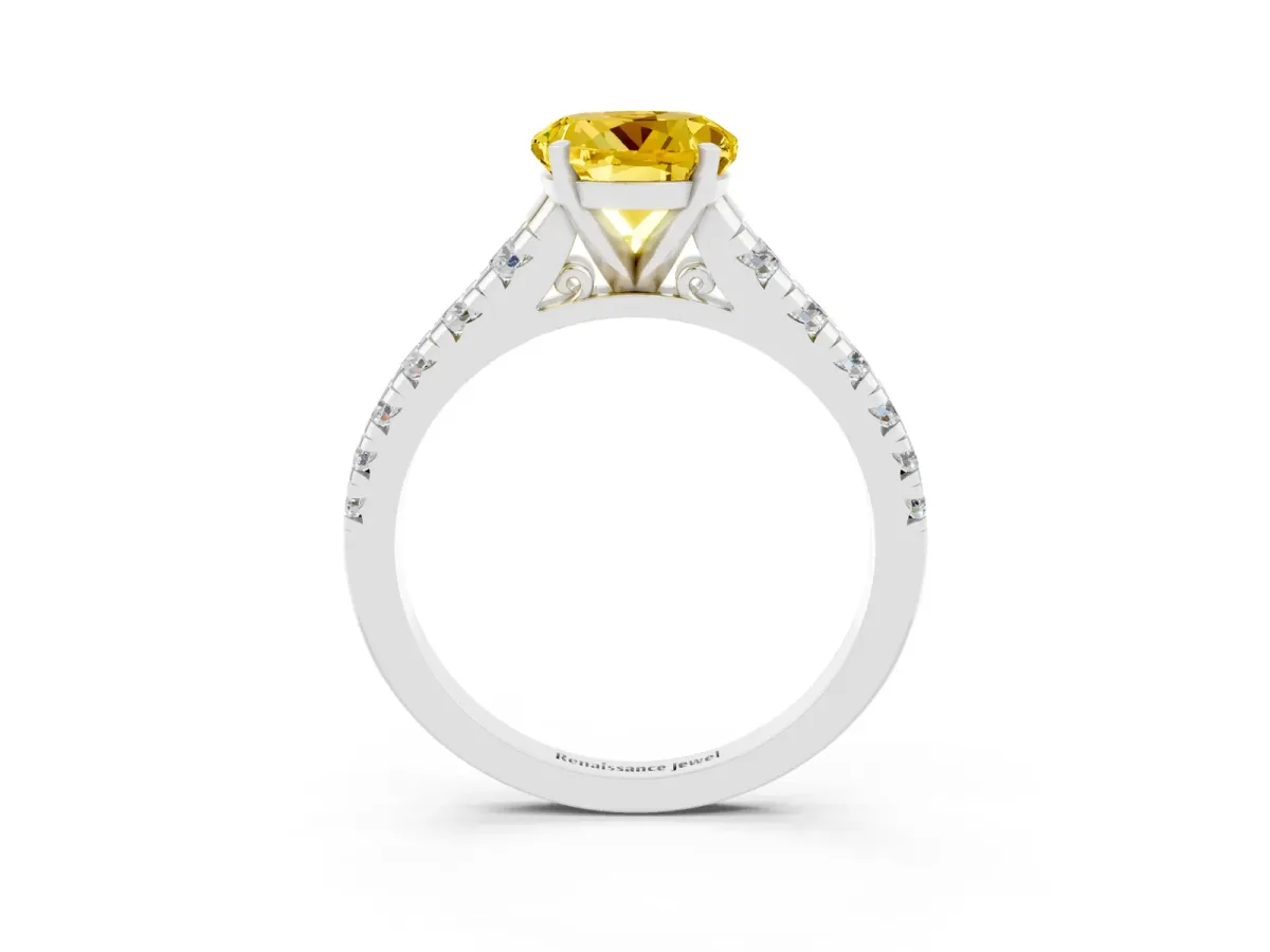 Round Cut Yellow Sapphire Cathedral Solitaire Ring with Round Pavé Band Platinum
