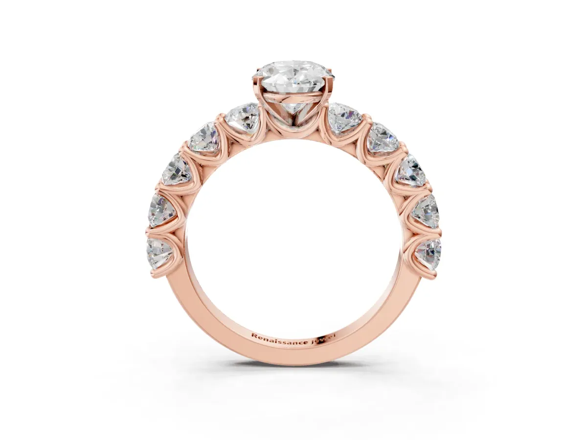 Oval Cut Diamond Prong Setting with Side Stones on a Pave Band Rose gold