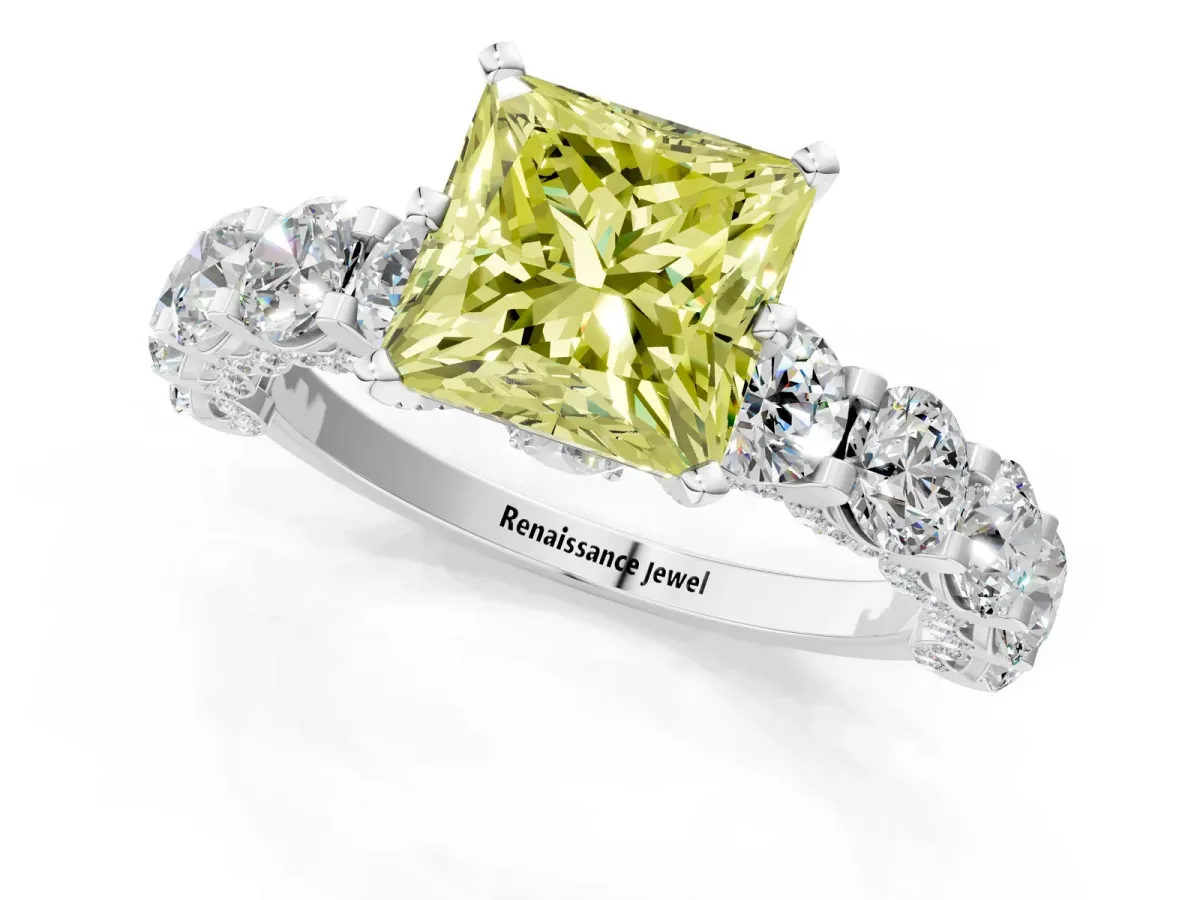 Fancy Yellow Princess Cut Diamond Side Stone Engagement Ring with Four-Prong Setting Platinum