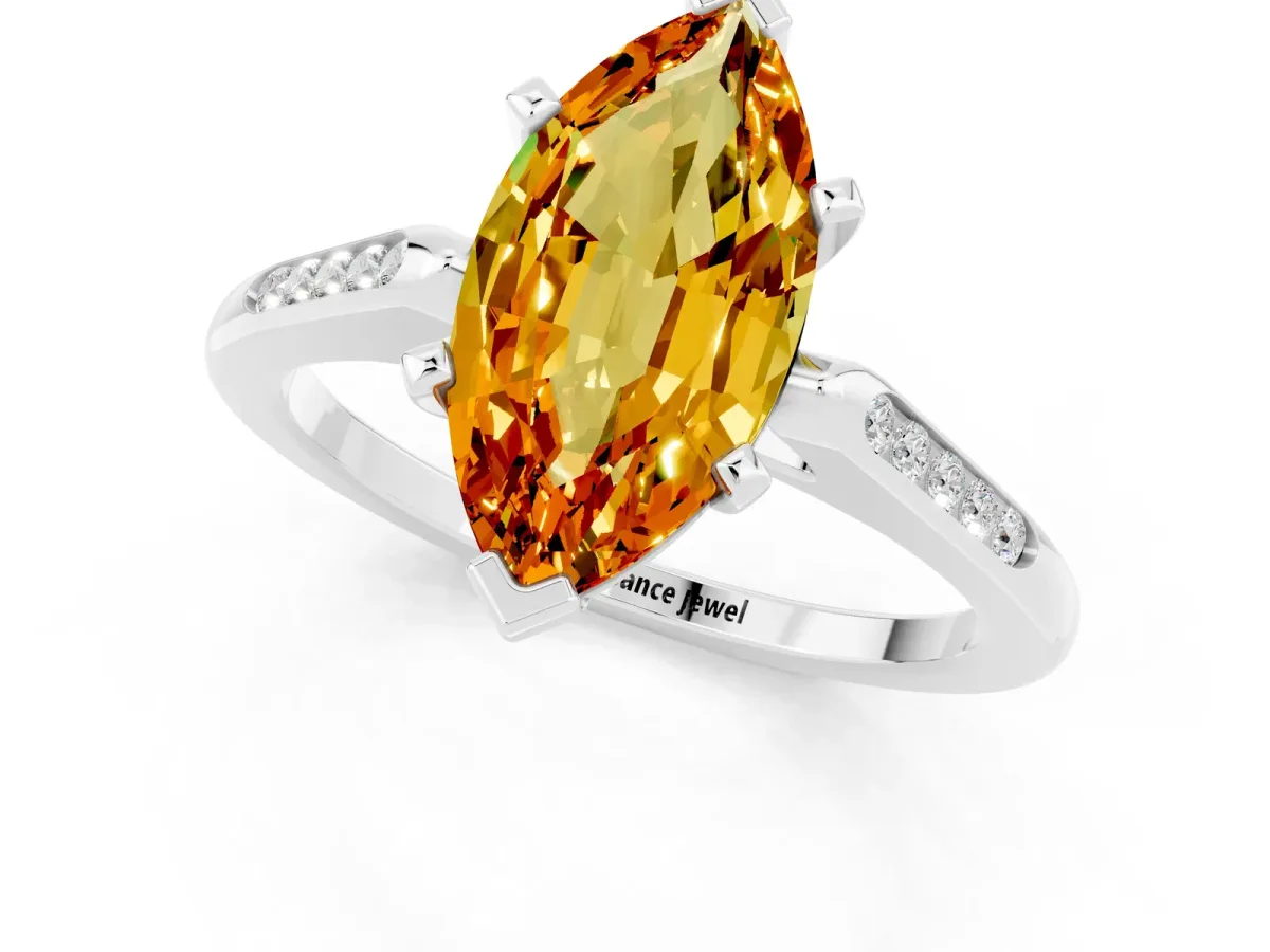 Marquise Cut Citrine Solitaire Ring with Channel Set Round Band and Prong Setting Silver