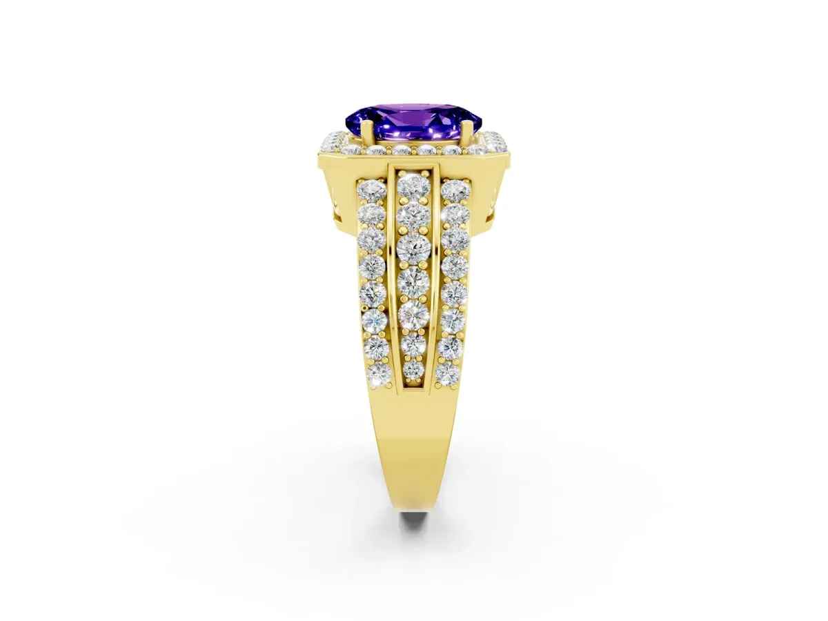 Oval Cut Halo Tanzanite Ring with Round Split Shank and Prong Setting Yellow gold
