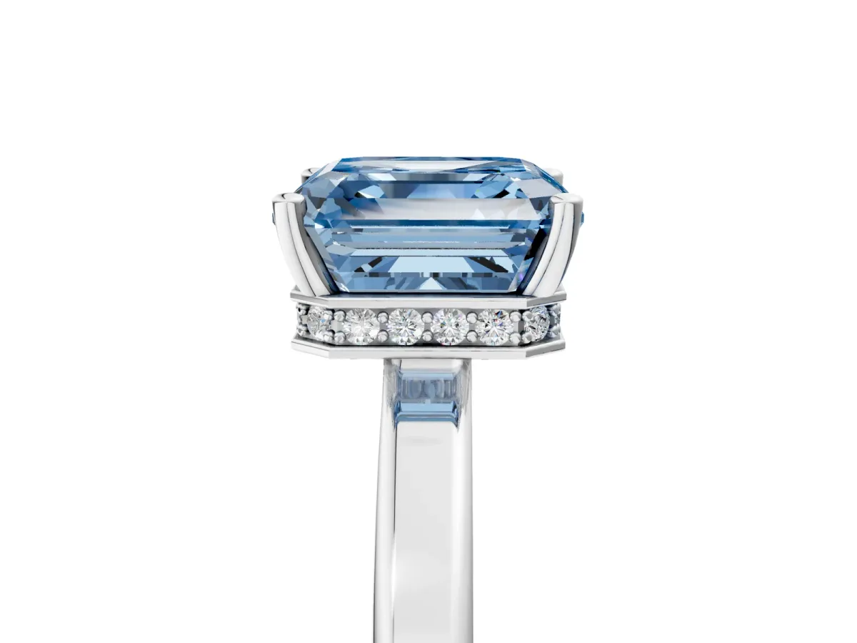 Fancy Blue Asscher Cut Cut Solitaire Engagement Ring with Four-Prong Setting on a Classic Band Platinum