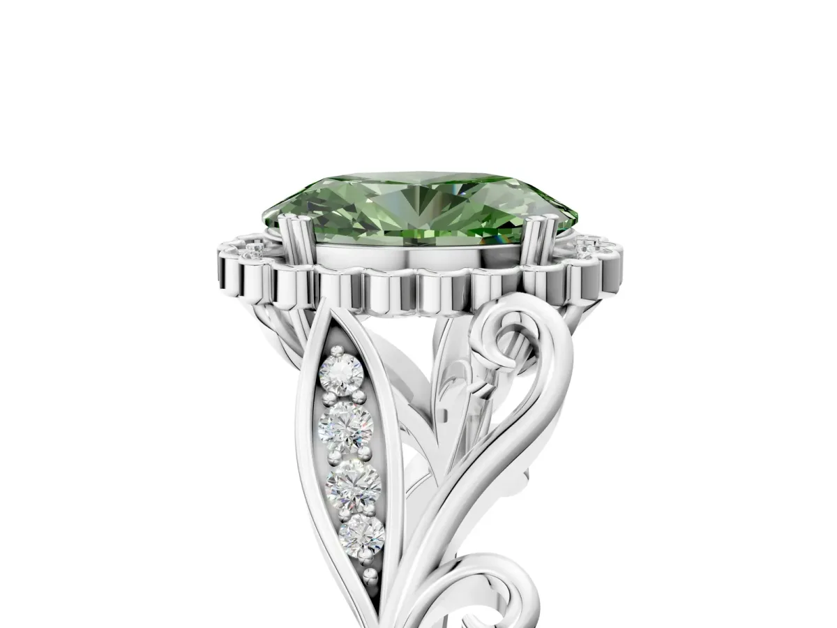 Fancy Green Oval Cut Diamond Halo Ring with Vintage Split Shank and Four-Prong Setting Silver