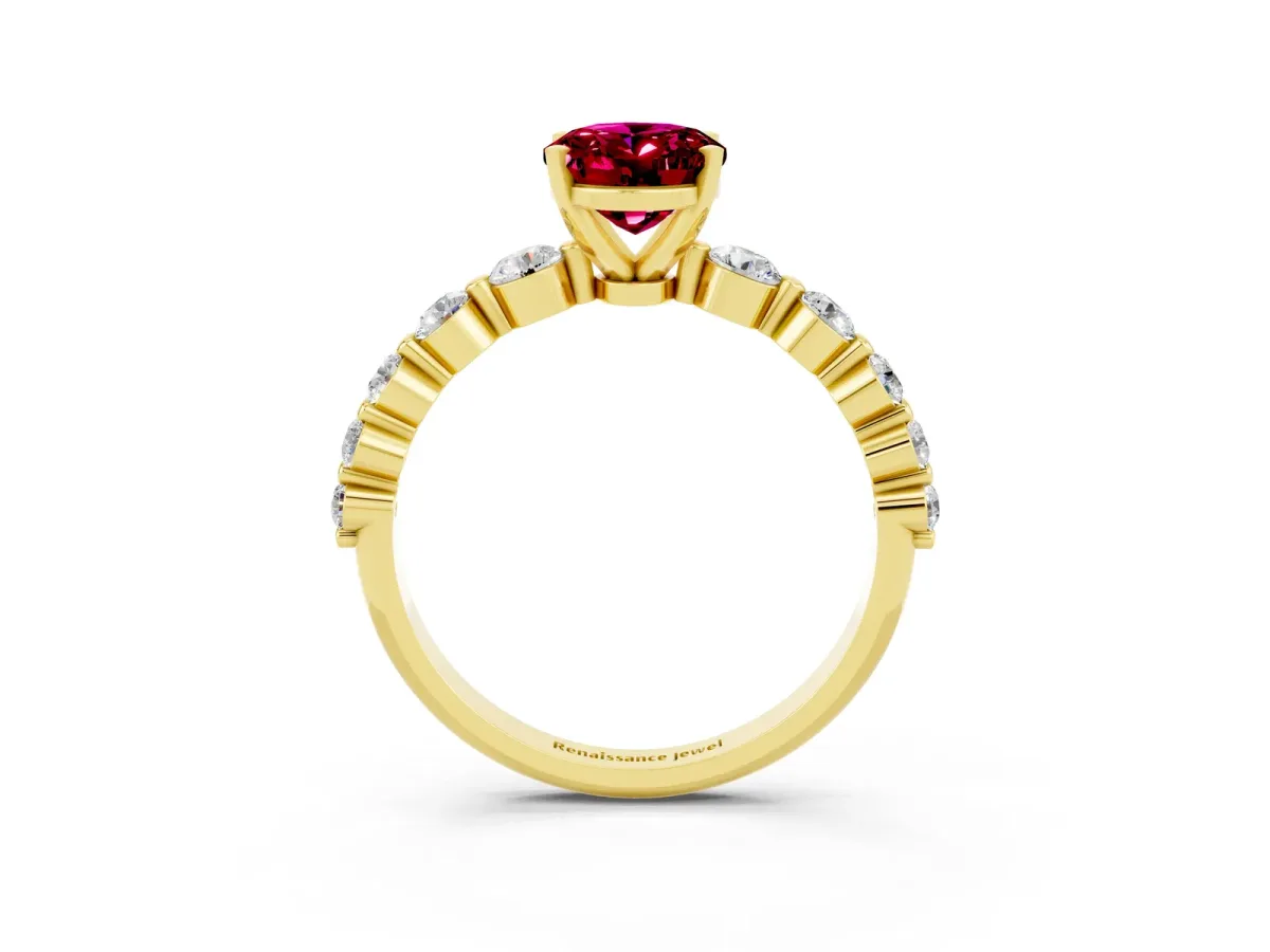 Oval Cut Solitaire Garnet Ring with Pave Band and Four-Prong Setting Yellow gold