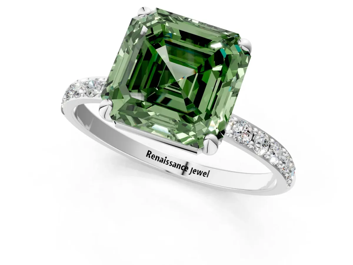 Fancy Green Asscher Cut Diamond Solitaire Ring with Round Pavé Band and Prong Setting Silver
