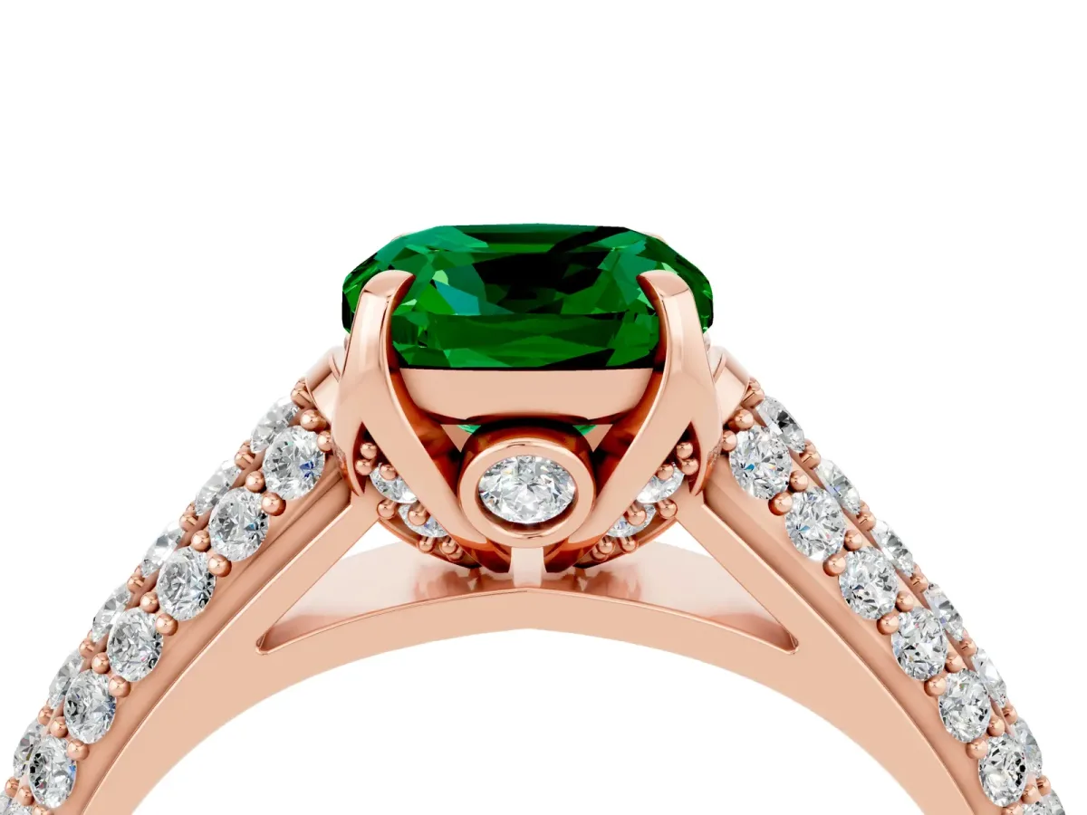 Cushion Cut Emerald Solitaire Ring with Three-Row Pavé Band and Four-Prong Setting Rose gold