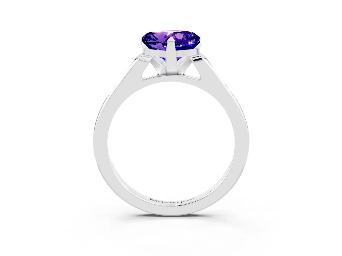 Heart Cut Tanzanite Solitaire Ring with Channel Set Round Band and Prong Setting Silver