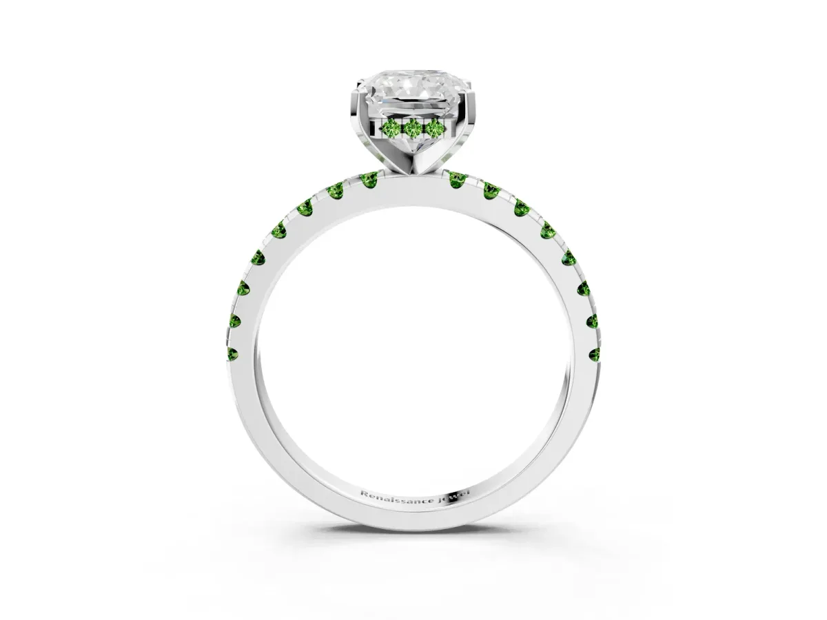 Radiant Cut Diamond Solitaire Ring with Round Peridot Pavé Band and Four-Prong Setting Silver