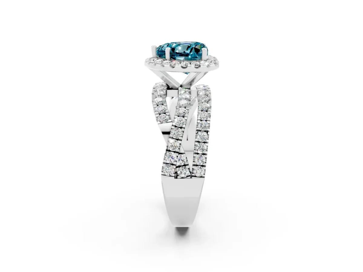 Heart Cut Blue Topaz Halo Ring with Round Split Shank and Prong Setting Platinum