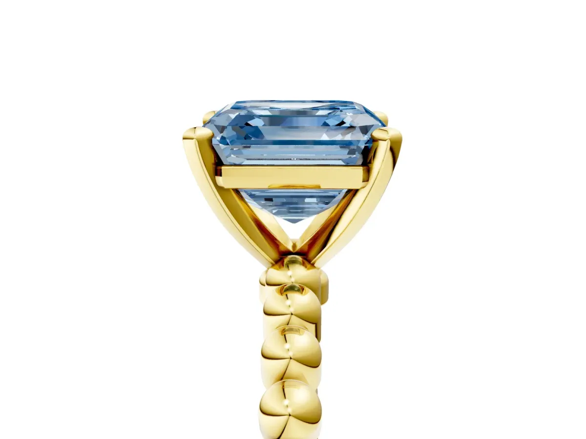 Fancy Blue Asscher Cut Diamond Solitaire Ring with Beaded Band and Prong Setting Yellow gold