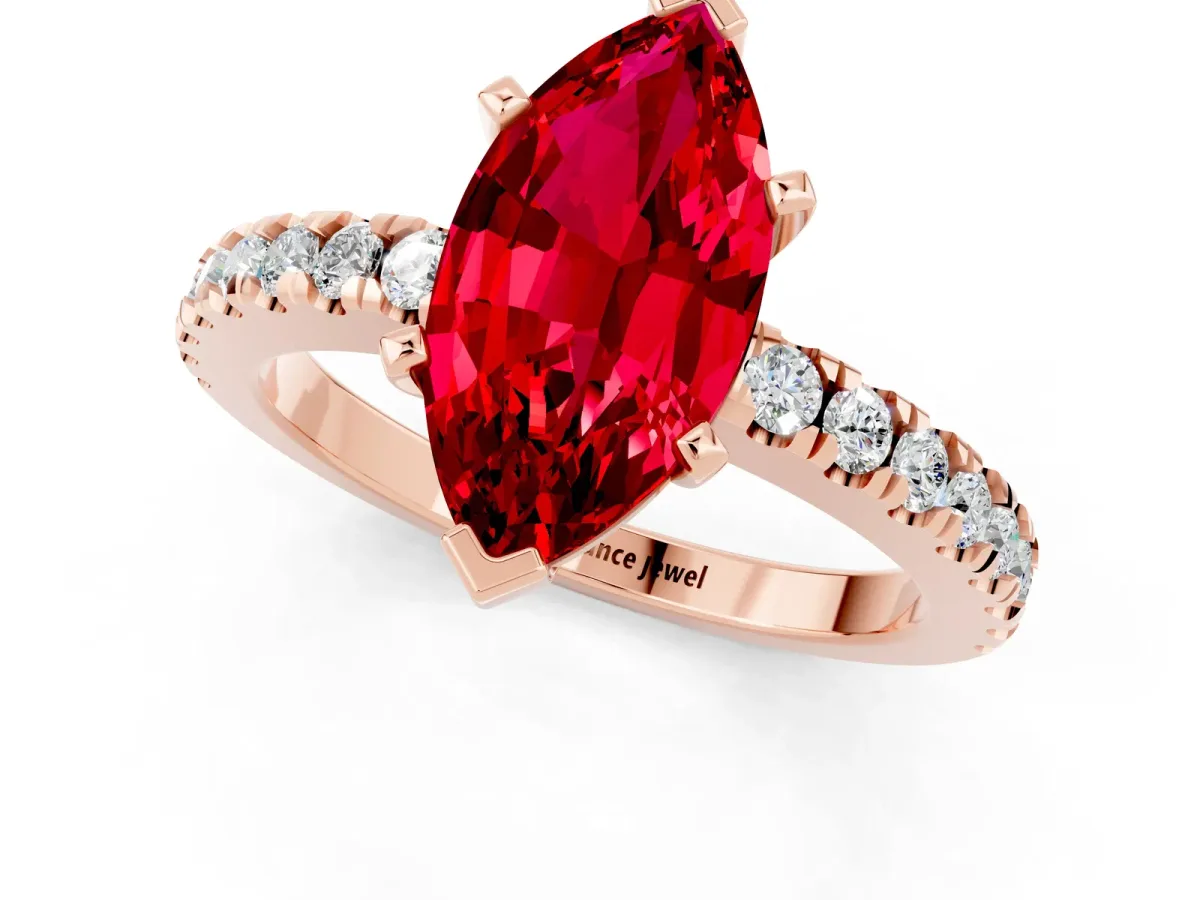 Marquise Cut Solitaire Ruby with Pavé Band and Four-Prong Setting Rose gold