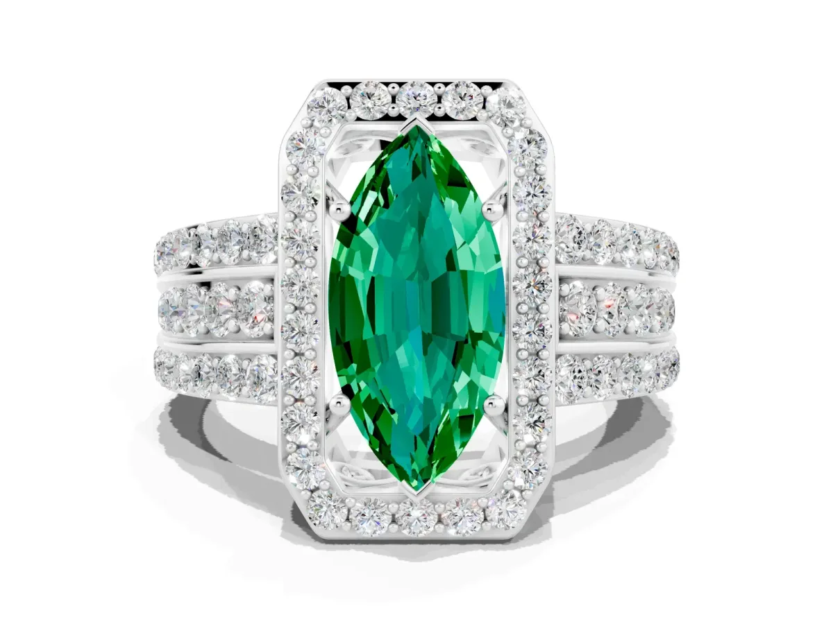 Marquise Cut Halo Emerald Ring with Round Split Shank and Prong Setting Silver