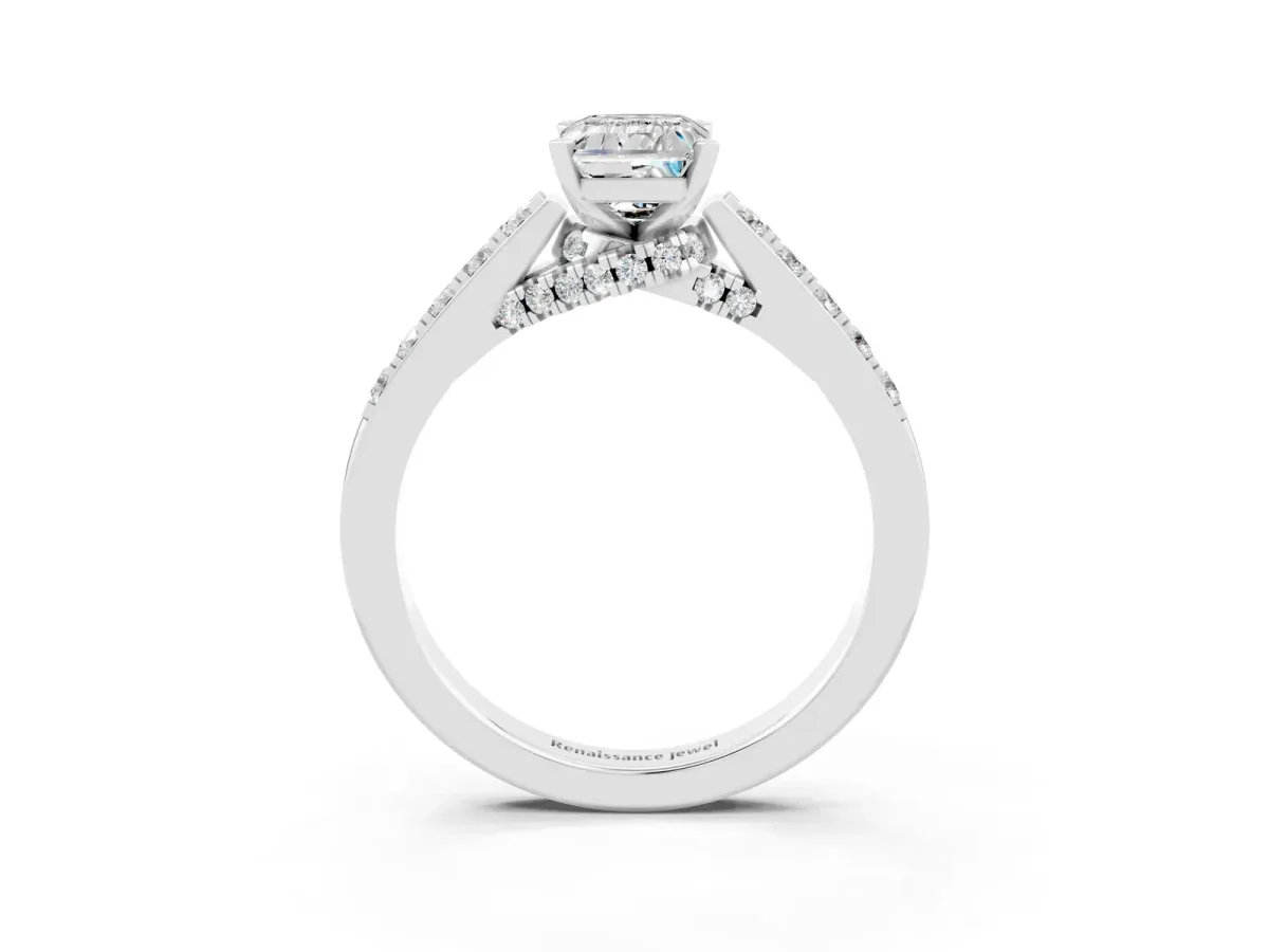 Emerald Cut Moissanite Solitaire Ring with Crossover Gallery and Round Pavé Band Silver