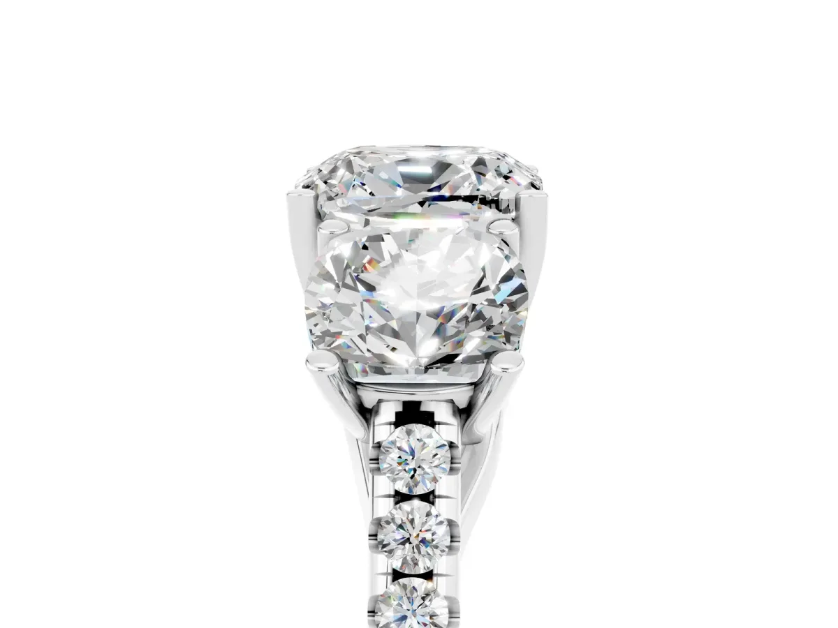 Three-Stone Cushion Cut Moissanite Ring with Round Pavé Band and Prong Setting Silver