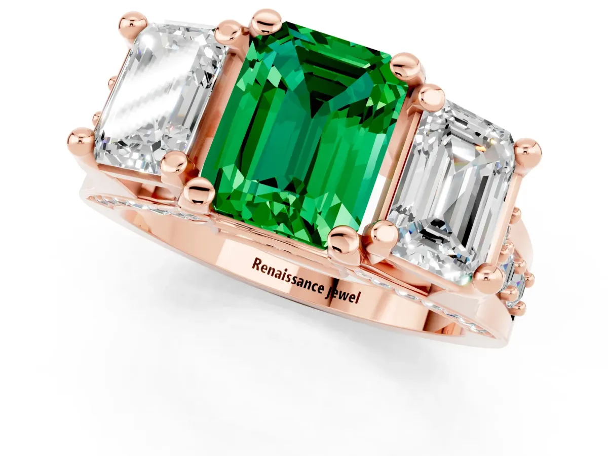 Emerald Cut Emerald Three-Stone Ring with Channel Set Band and Four-Prong Setting Rose gold