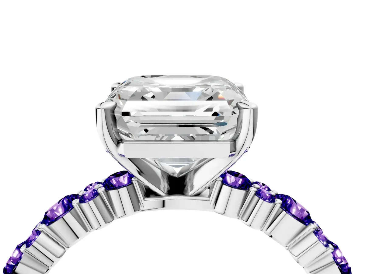 Asscher Cut Diamond Side Stone Solitaire Ring with Round Tanzanite and Four-Prong Setting Platinum