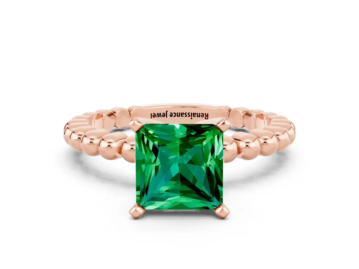 Princess Cut Emerald Solitaire Ring with Beaded Band and Prong Setting Rose gold
