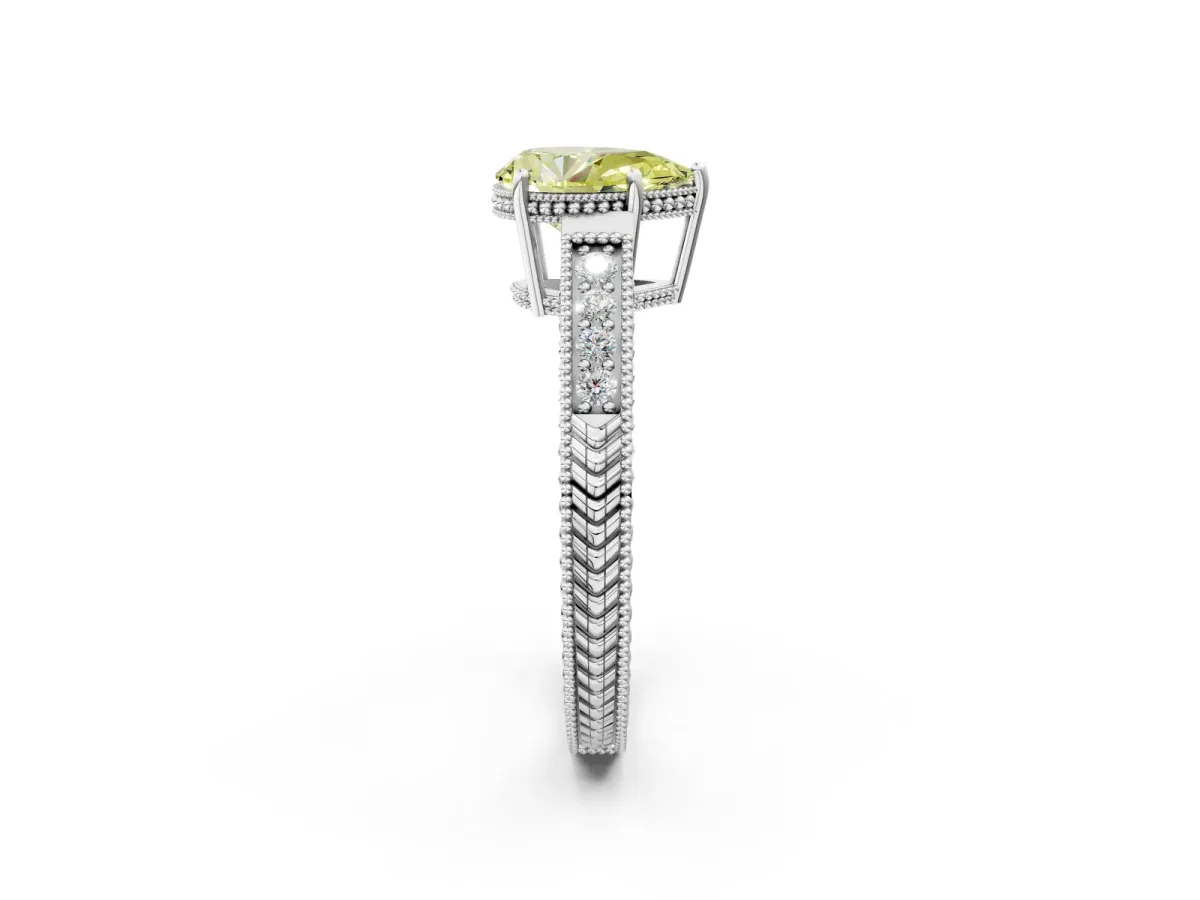 Fancy Yellow Pear Cut Diamond Ring with Milgrain Pavé Band and Four-Prong Setting Platinum