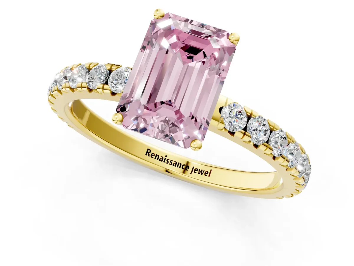 Fancy Pink Emerald Cut Diamond Pavé Solitaire Engagement Ring with Four-Prong Setting Yellow gold