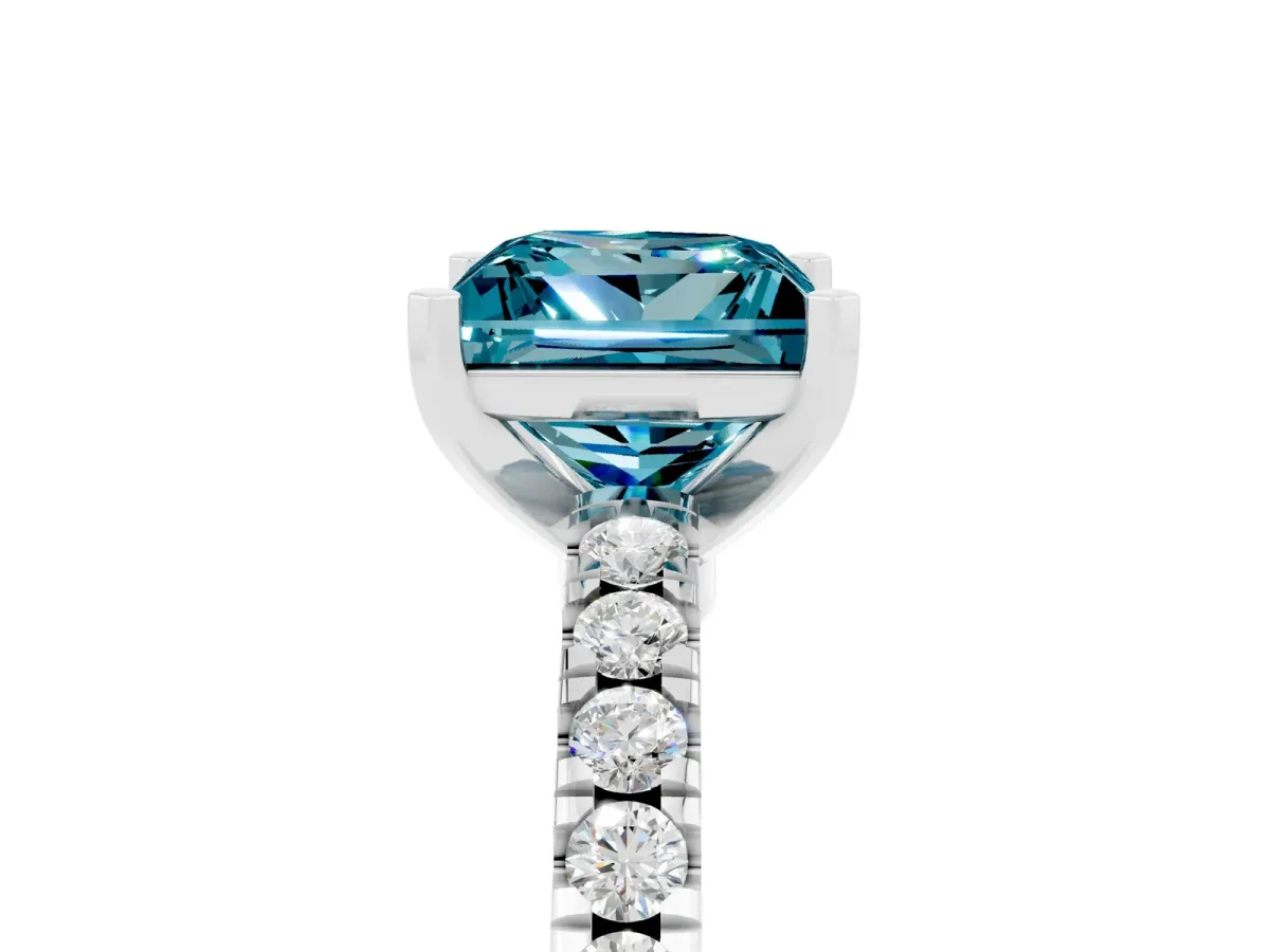 Princess Cut Solitaire Blue Topaz with Pavé Band and Four-Prong Setting Silver