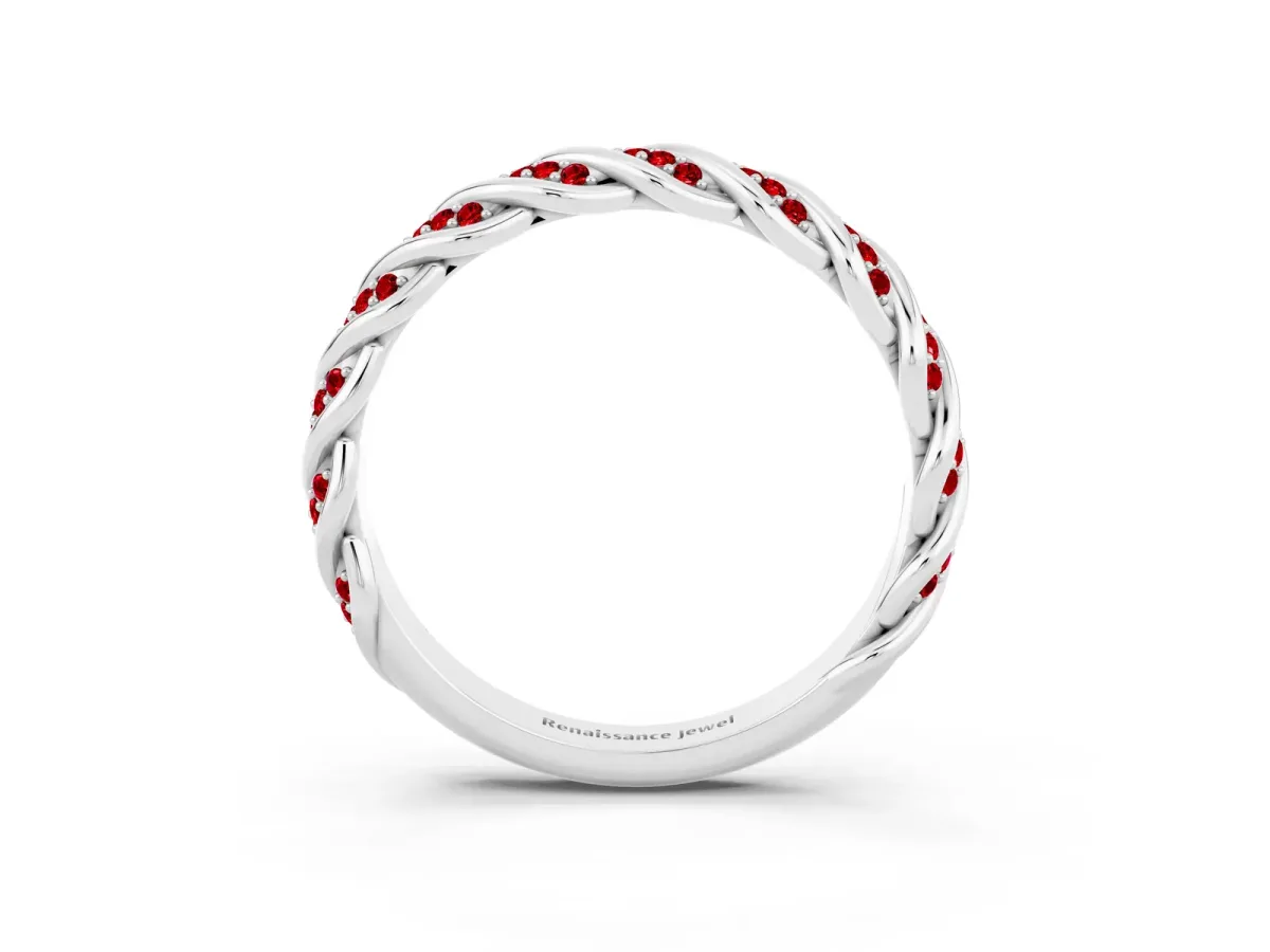 Twisted Pavé Round Ruby Eternity Band with Shared Prong Setting Silver