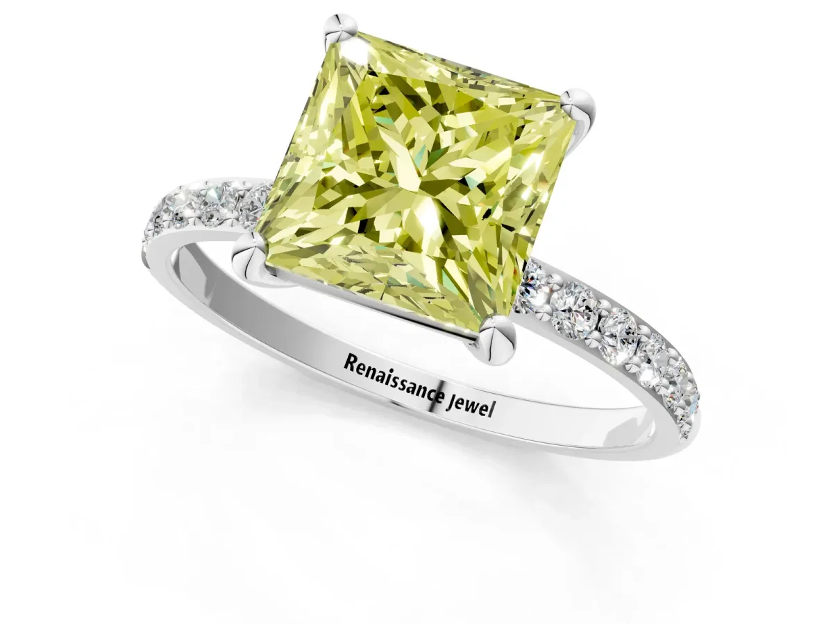 Fancy Yellow Princess Cut Diamond Solitaire Ring with Round Pavé Band and Prong Setting Silver