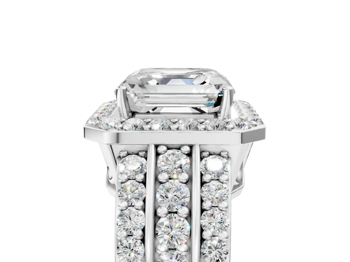 Asscher Cut Halo Diamond Ring with Round Split Shank and Prong Setting Platinum
