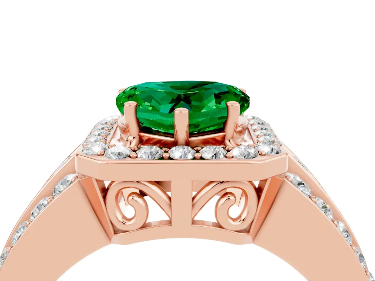 Heart Cut Halo Emerald Ring with Round Split Shank and Prong Setting Rose gold