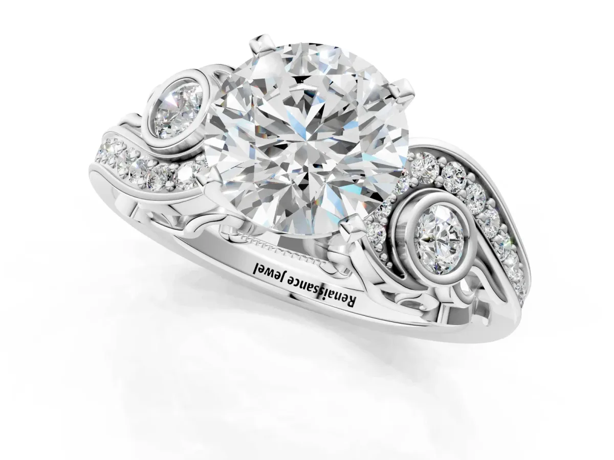 Round Cut Diamond Solitaire Ring with Milgrain Pavé Band and Four-Prong Setting Silver