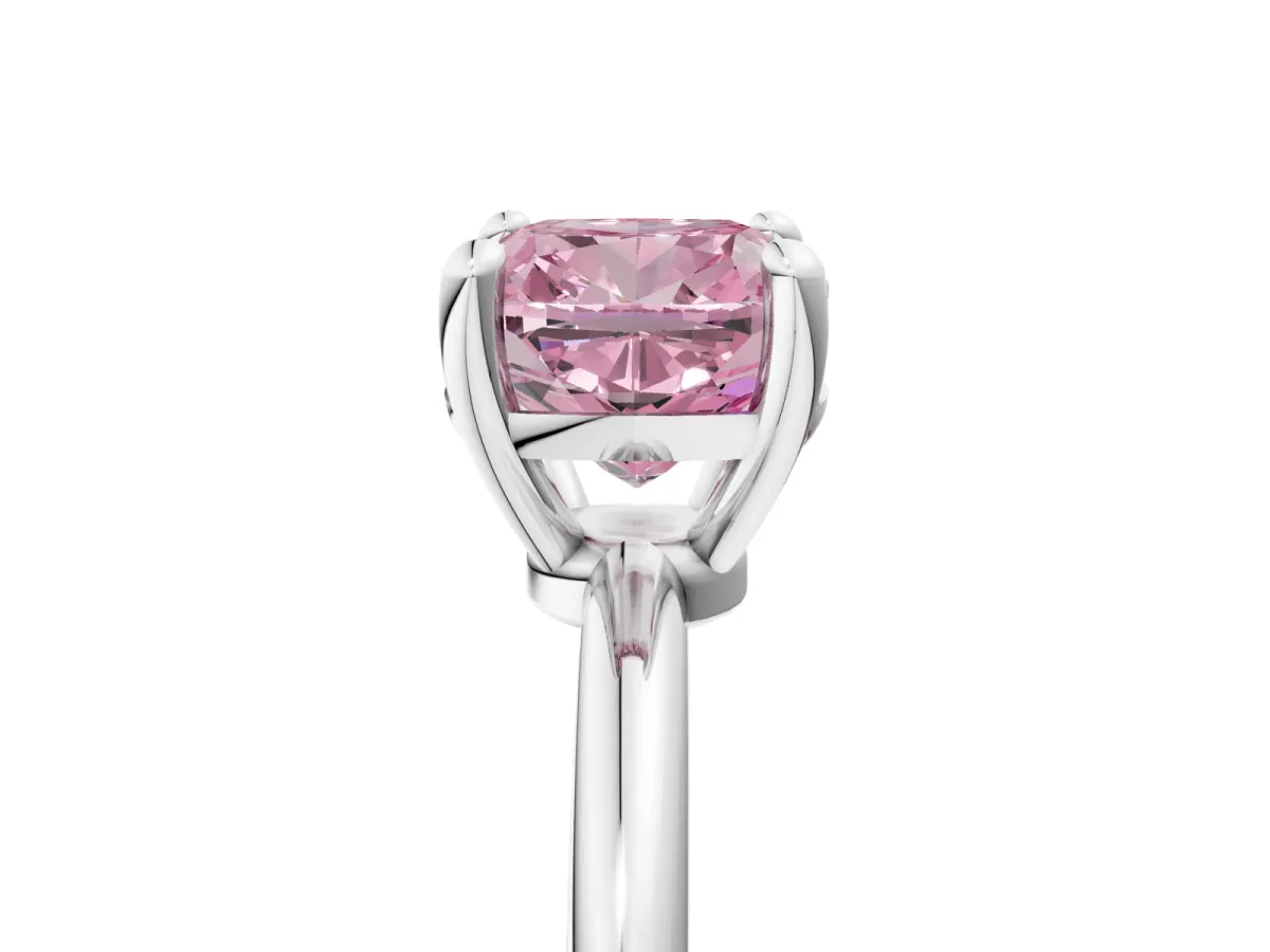 Fancy Pink Cushion Cut Solitaire Diamond Ring with 4-Prong Setting on a Classic Band Silver
