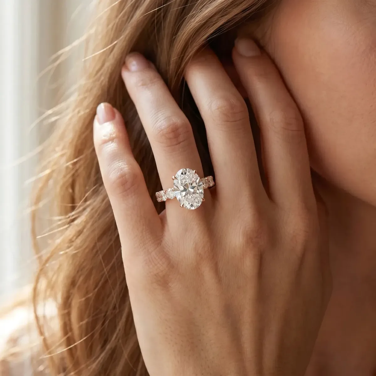 Oval Cut Diamond Prong Setting with Side Stones on a Pave Band Rose gold