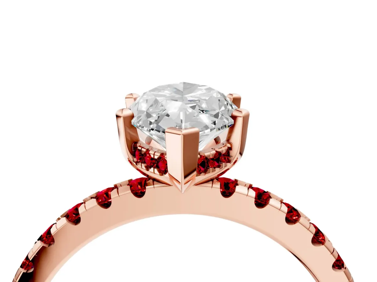 Marquise Cut Diamond Solitaire Ring with Round Ruby Pavé Band and Four-Prong Setting Rose gold