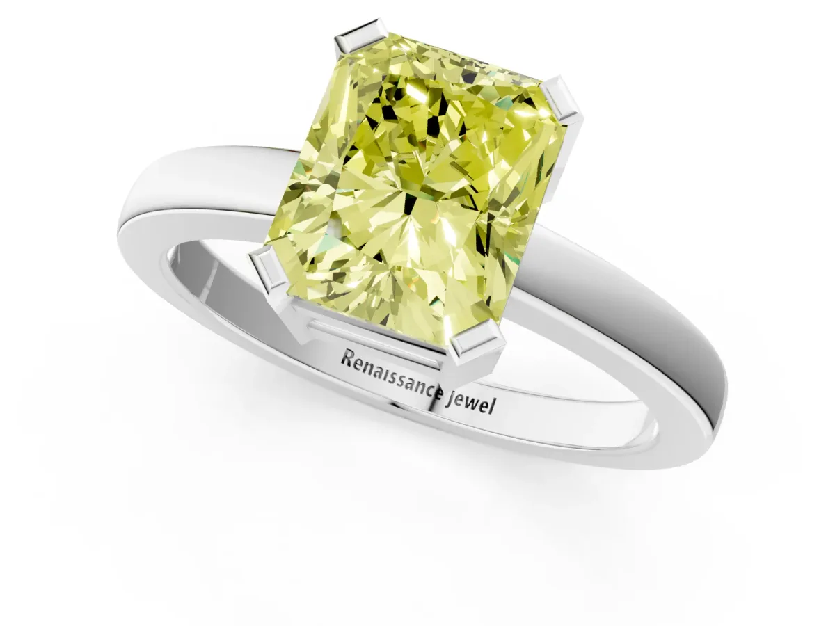 Fancy Yellow Radiant Cut Cut Solitaire Ring with Four-Prong Setting and Classic Band Platinum