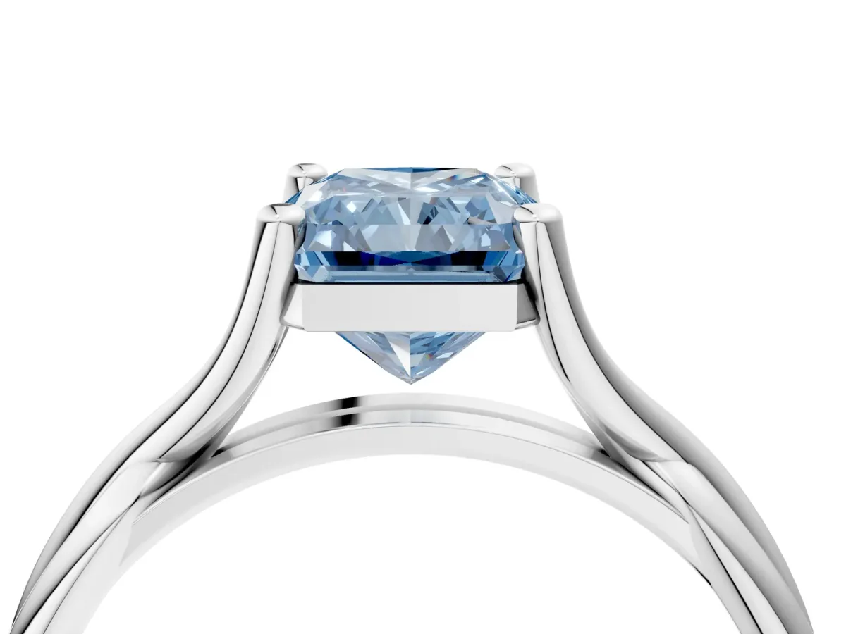 Fancy Blue Radiant Cut Diamond Solitaire Twist Band Prong Setting Ring Platinum