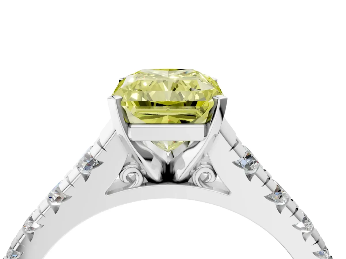 Fancy Yellow Radiant Cut Diamond Cathedral Solitaire Ring with Round Pavé Band Silver