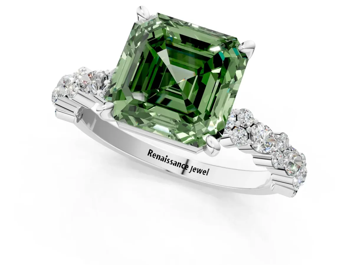 Fancy Green Asscher Cut Diamond Side Stone Solitaire Ring with Round and Four-Prong Setting Platinum