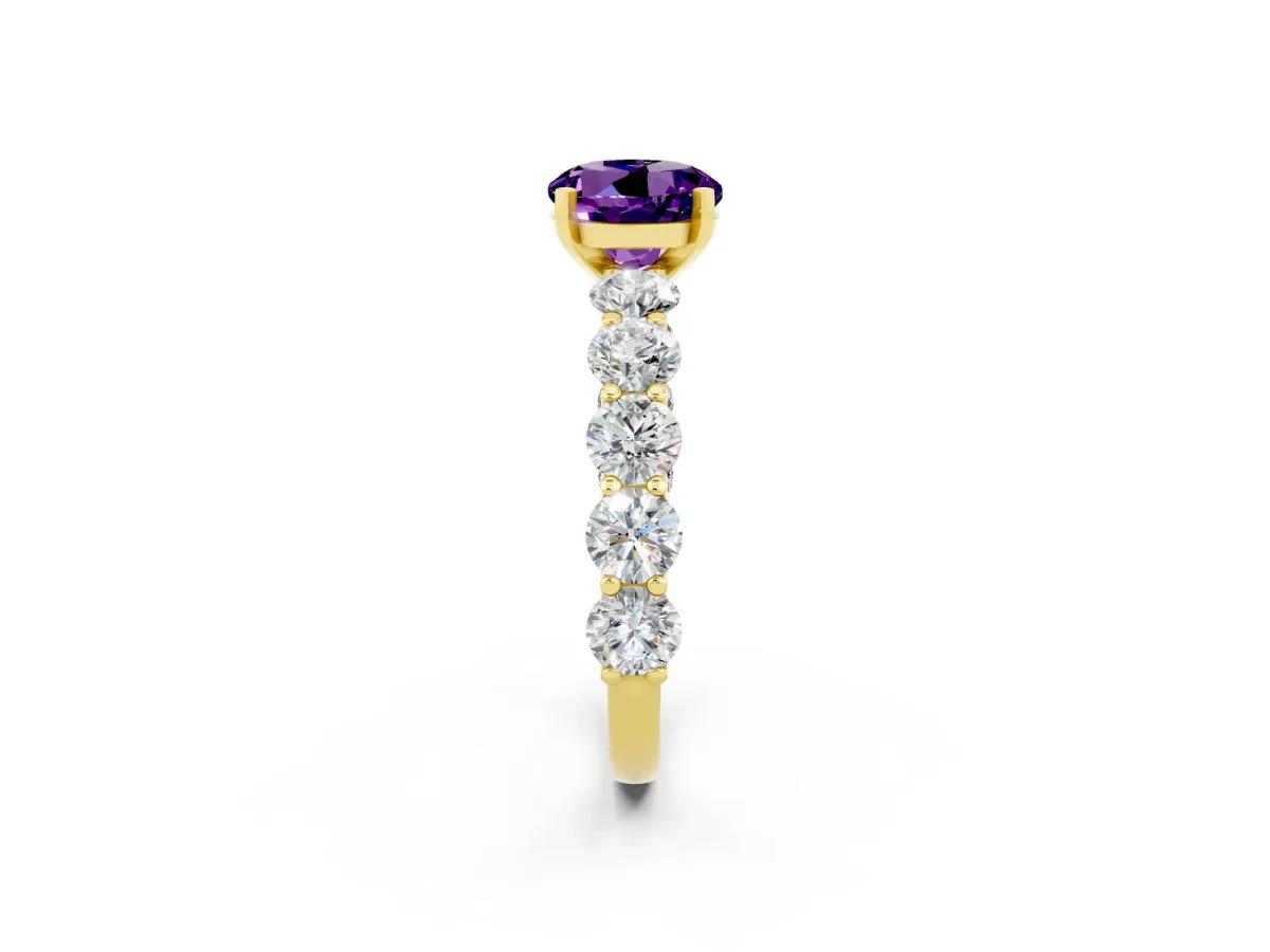 Round Cut Amethyst Prong Setting with Side Stones on a Pave Band Yellow gold
