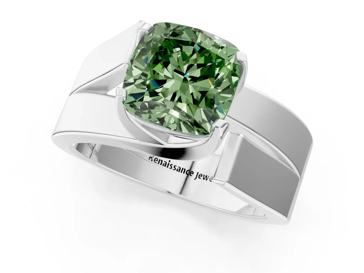 Fancy Green Modern Tension Set Cushion Cut Diamond Solitaire Wide Band Ring Silver