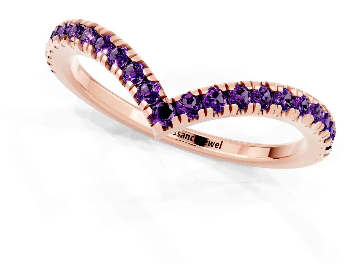 Pavé Round Amethyst V-Shaped Chevron Band with Shared Prong Setting Rose gold