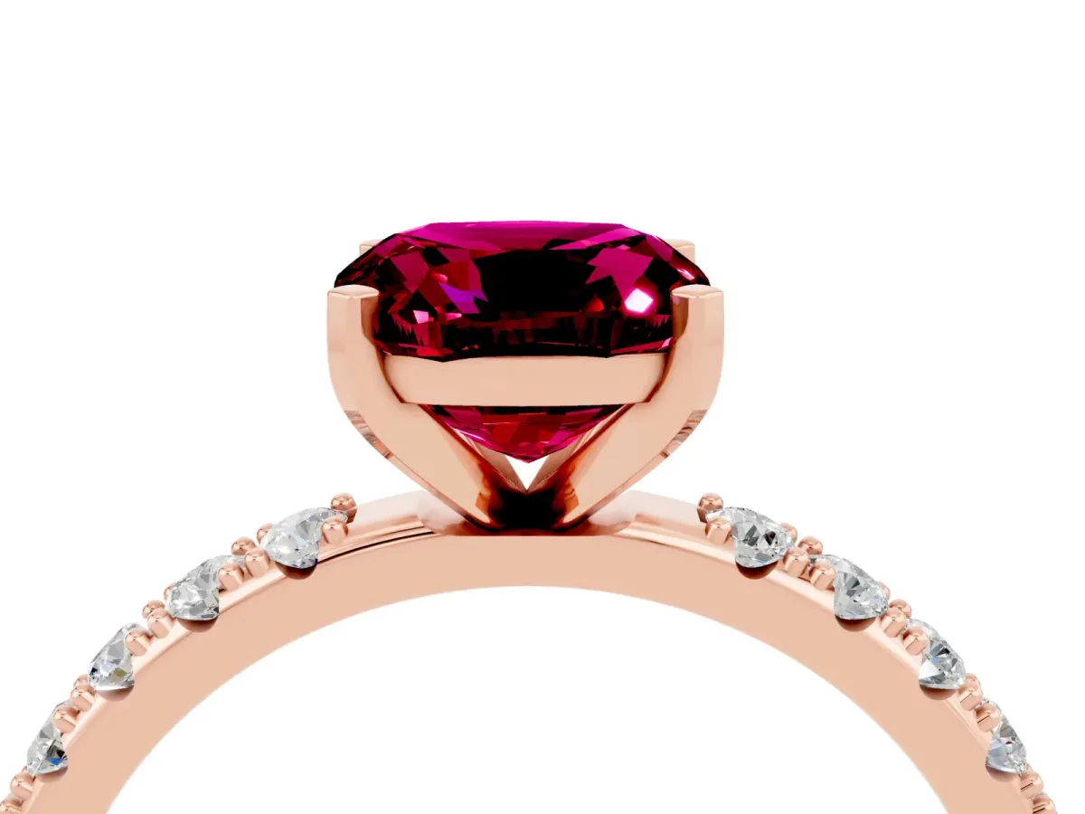 Cushion Cut Garnet Solitaire Pavé Band with Four-Prong Setting Rose gold
