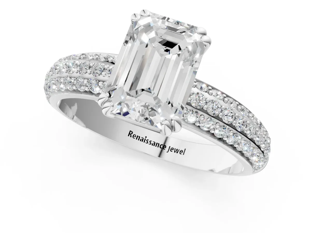 Emerald Cut Diamond Solitaire Ring with Multi-Row Round Pavé Band and Prong Setting White gold