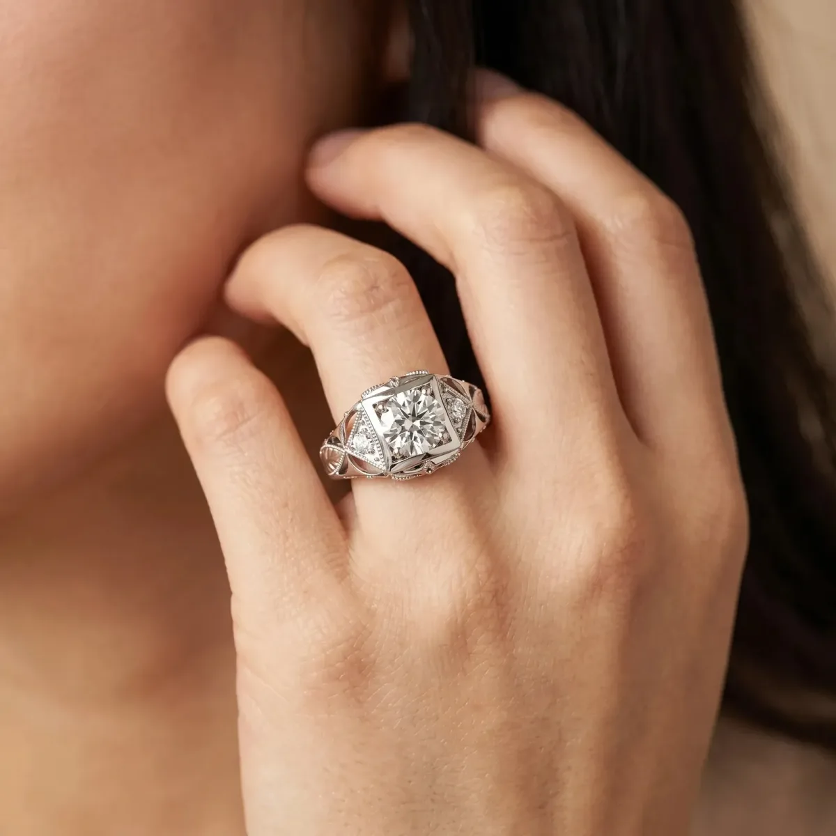 Milgrain Bezel Round Cut-Cut Filigree Engagement Ring Silver