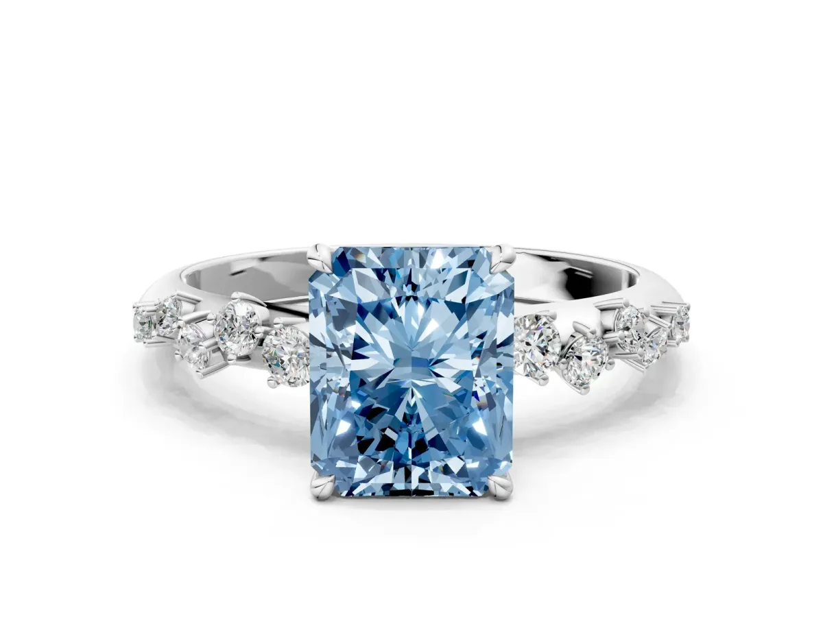 Fancy Blue Radiant Cut Diamond Cluster Side Stone Solitaire Ring with Prong Setting Platinum