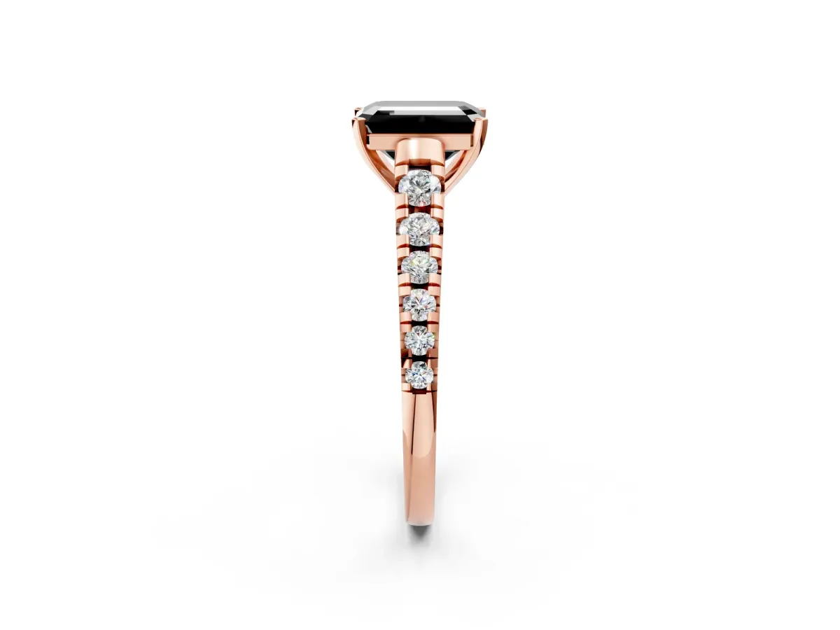 Fancy Black Emerald Cut Diamond Cathedral Solitaire Ring with Round Pavé Band Rose gold