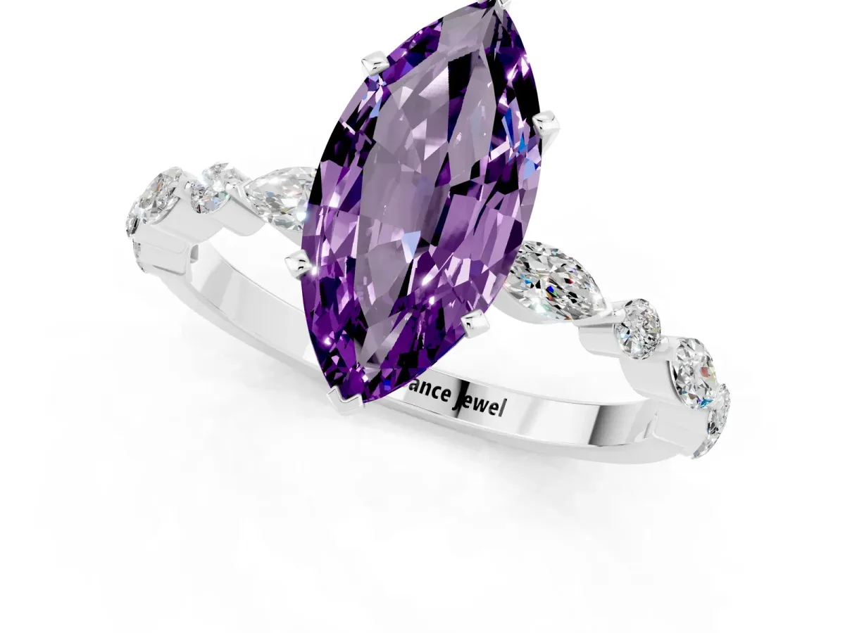Marquise Cut Amethyst Ring with Marquise and Round Side Stones and Four-Prong Setting Silver