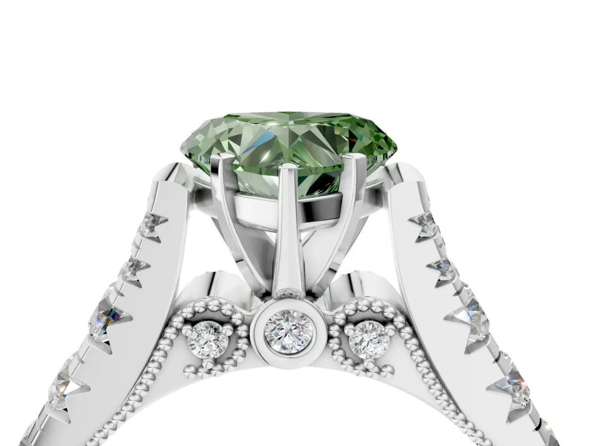 Fancy Green Heart Cut Diamond Classic Solitaire Ring with Pavé Band and Four-Prong Setting Silver
