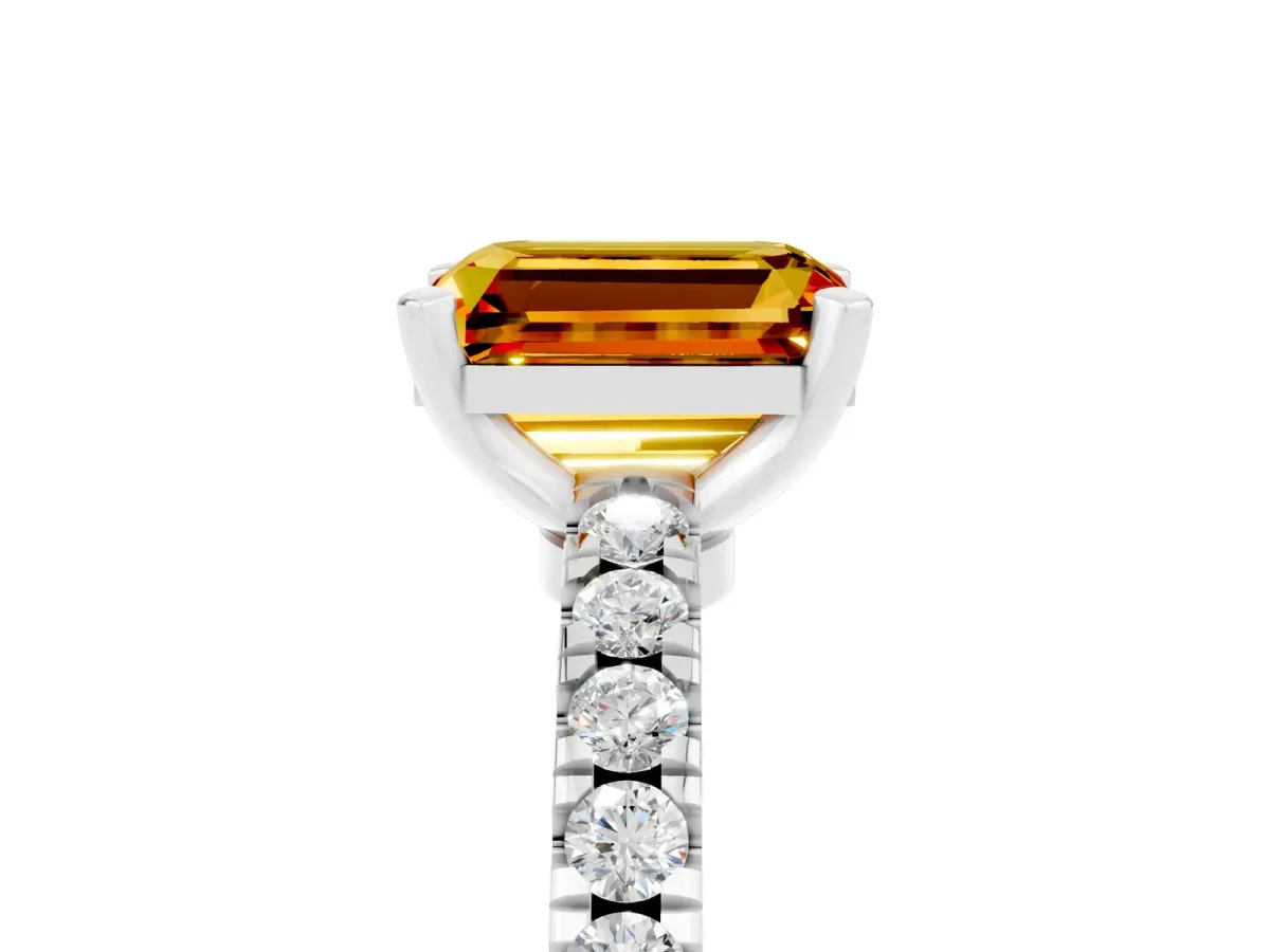 Emerald Cut Solitaire Citrine with Pavé Band and Four-Prong Setting Silver